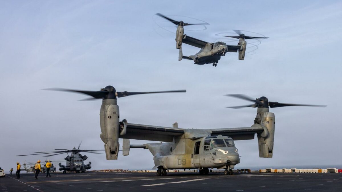An MV-22B Osprey, attached to Marine Medium Tiltrotor Squadron (VMM) 163 (Reinforced), 11th Marine Expeditionary Unit, takes off from the flight deck of Wasp-class amphibious assault ship USS Boxer (LHD 4) during a tactical retrieval of air personnel drill, Aug. 5, 2026.
