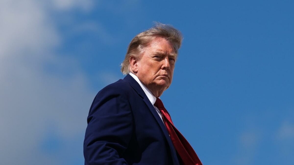President Donald Trump boards Air Force One, Aug. 7, 2026, at Joint Base Andrews, Md.