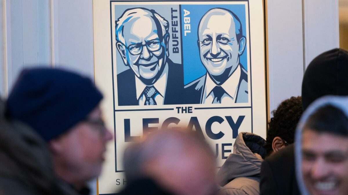 Shareholders wait in line outside CHI Health Center Omaha for the Berkshire Hathaway annual meeting, May 2, 2026, in Omaha, Neb.