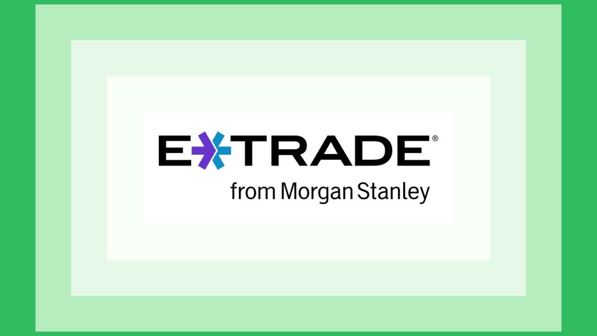 The E*TRADE logo on a green layered background.