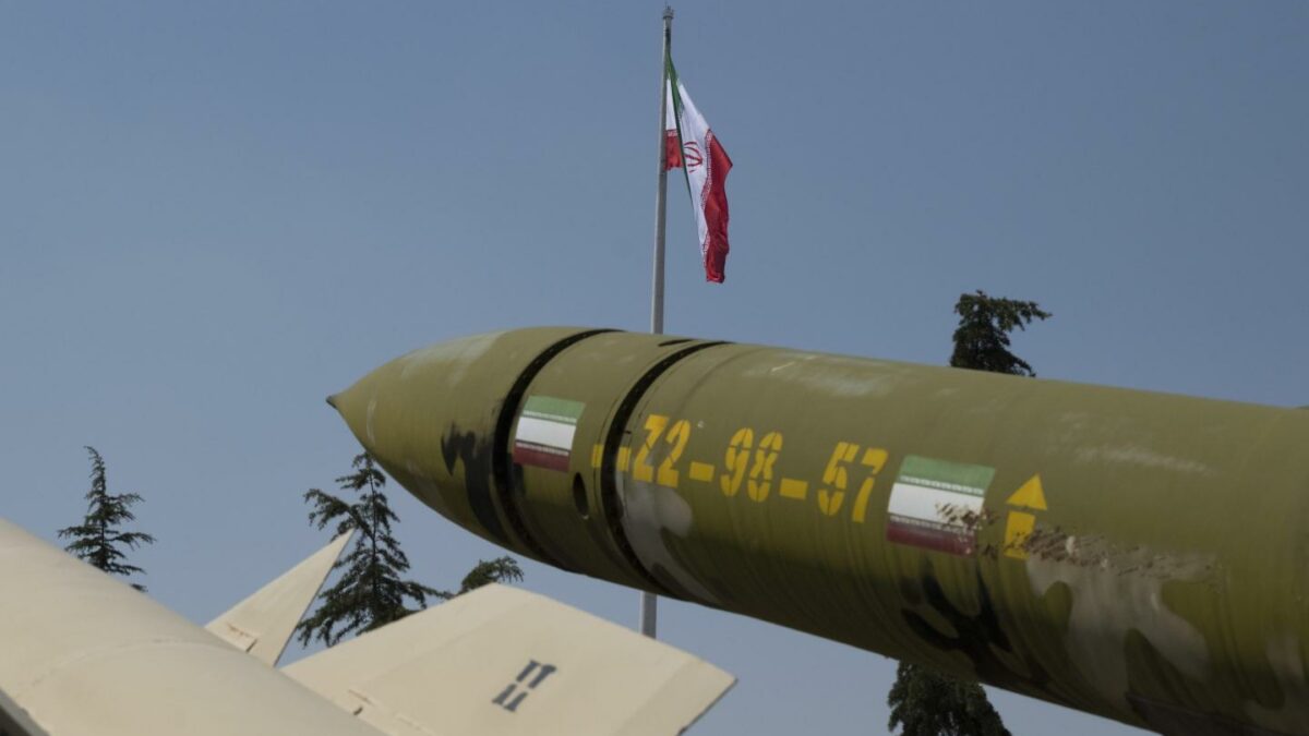 Two Iran-made missiles are displayed at a war museum in Tehran on April 2, 2026.