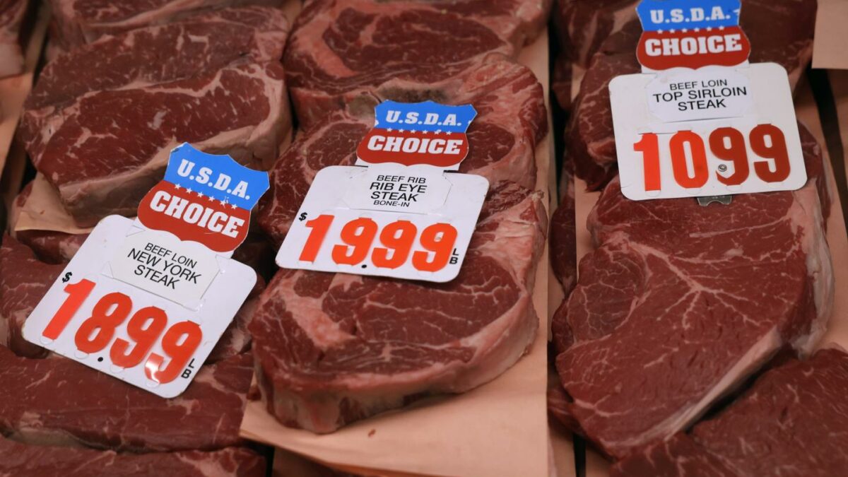 Cuts of beef are displayed at Handy Market on May 14, 2026 in Burbank, California.