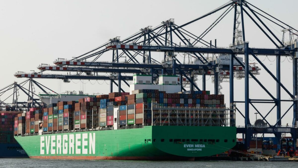 The Evergreen Ever Mega container ship docked at the Port Liberty Bayonne in Bayonne, New Jersey on Saturday, July 25, 2026.