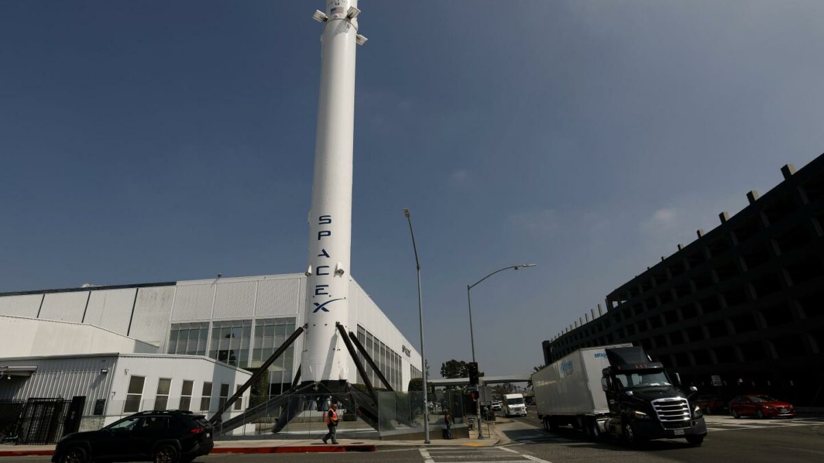 A SpaceX Falcon 9 rocket is displayed at a SpaceX facility on August 4, 2026 in Hawthorne, California.