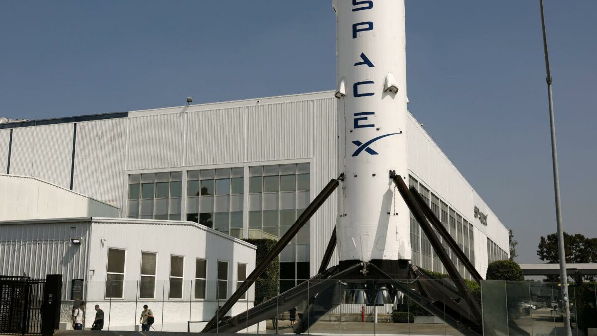 A SpaceX Falcon 9 rocket is displayed at a SpaceX facility on August 4, 2026 in Hawthorne, California.