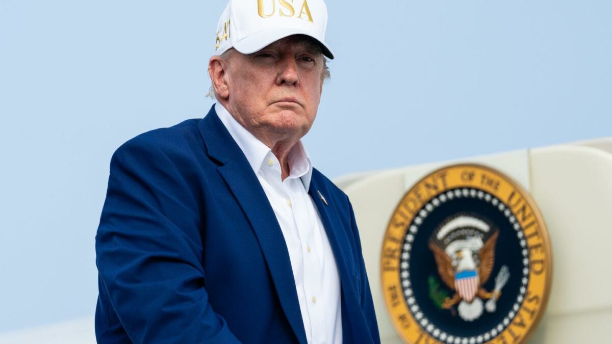 President Donald Trump boards Air Force One on August 9, 2026 at Morristown Airport in Morristown, New Jersey.