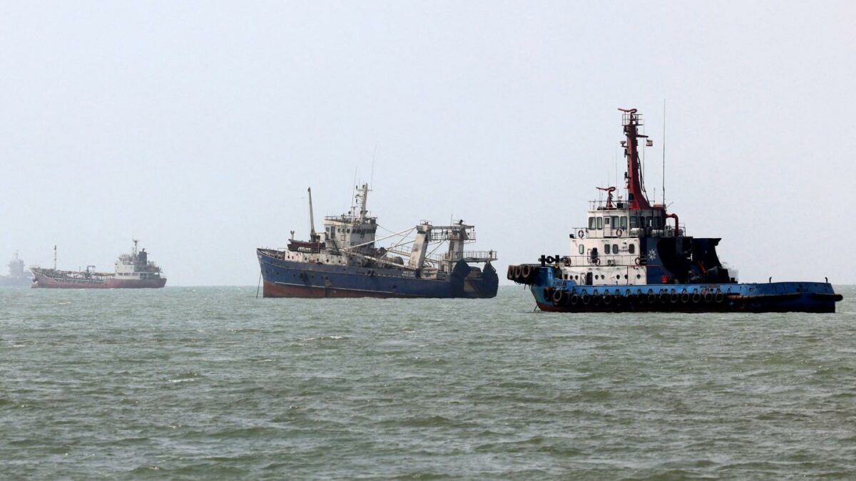 Vessels transit the Strait of Hormuz off Bandar Abbas in southern Iran on August 10, 2026.