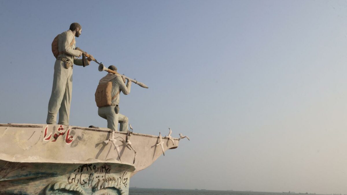 A sculpture overlooking the Strait of Hormuz at Bandar Abbas, in southern Iran, Aug. 10, 2026.