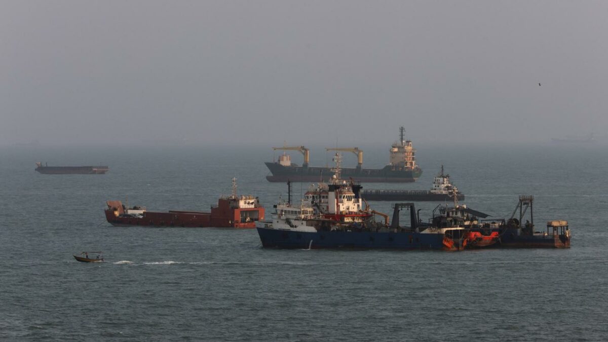 Ships are anchored in the Strait of Hormuz on August 10, 2026 off the coast of Bandar Abbas, Iran.