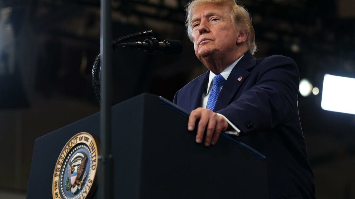 U.S. President Donald Trump pauses while delivering remarks at the David S. Mack Center for Training and Intelligence.