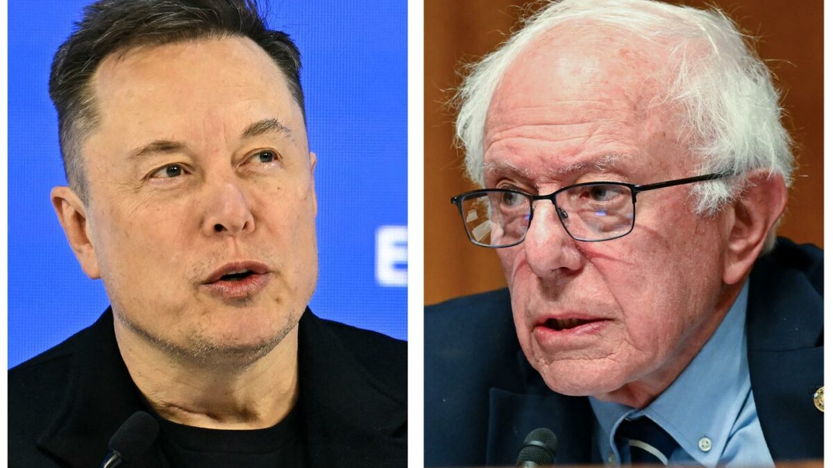 Photos of Elon Musk (left) and Sen. Bernie Sanders