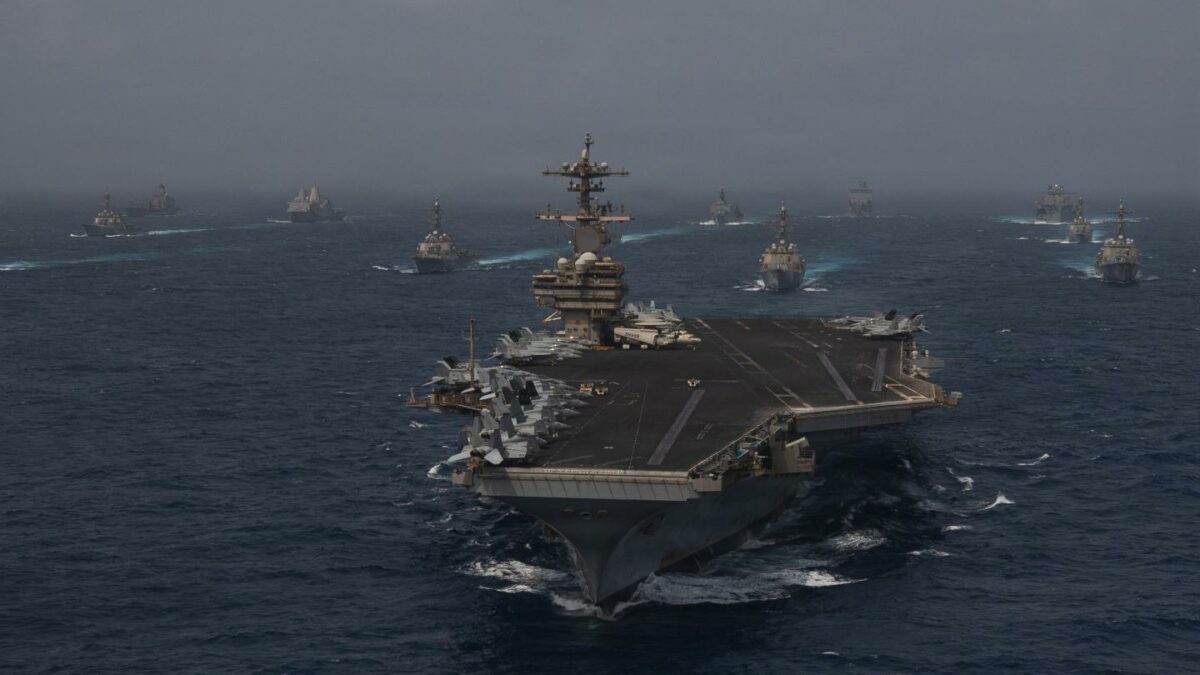 U.S. Navy warships transit the Arabian Sea in close formation on June 30, 2026.