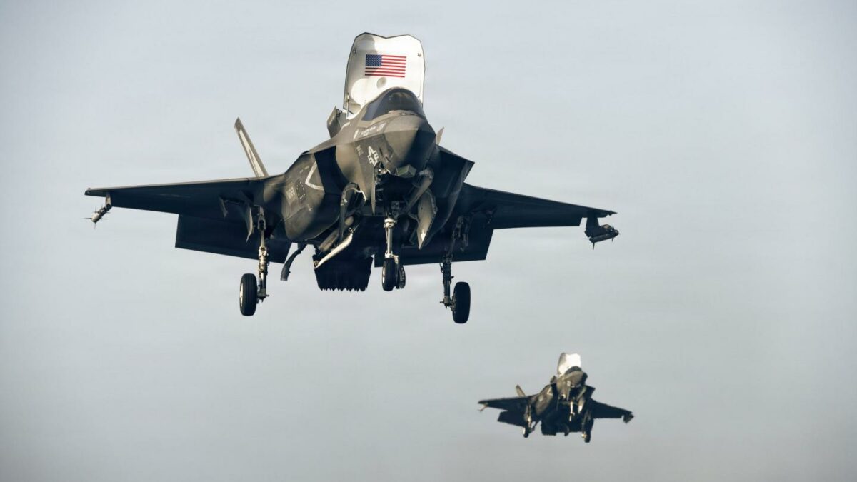 U.S. Marine Corps F-35B Lightning IIs assigned to Marine Fighter Attack Squadron (VMFA) 121, 31st Marine Expeditionary Unit, land aboard forward-deployed America class assault ship USS Tripoli (LHA 7), during flight operations in the U.S. Central Command area of responsibility, June 9, 2026.