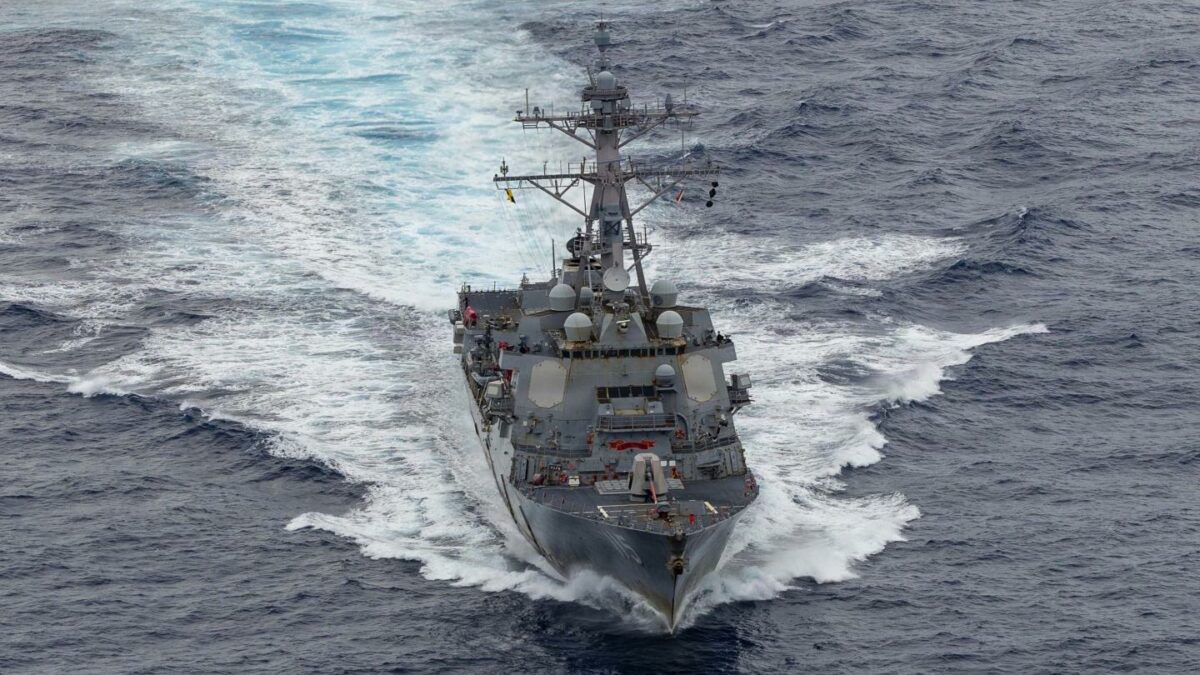 Arleigh Burke-class guided-missile destroyer USS Rafael Peralta (DDG 115) patrols in the U.S. Central Command area of responsibility, Aug. 4, 2026.