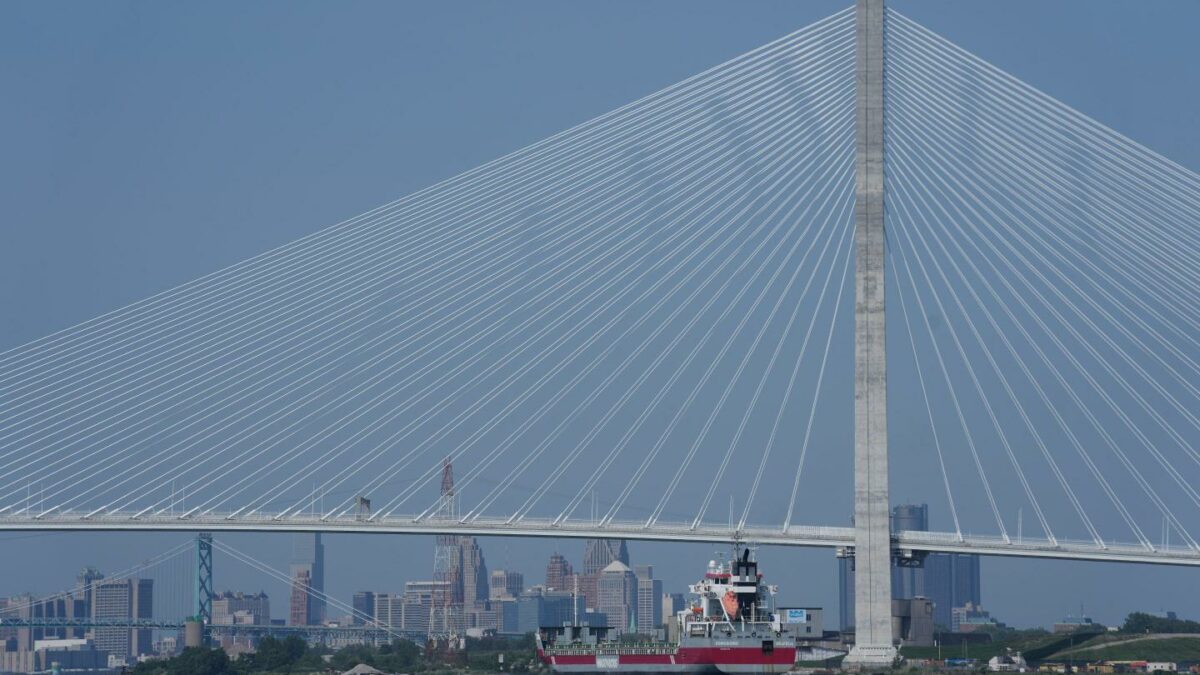 The Gordie Howe International Bridge is seen from River Rouge, Mich., connecting Detroit with Windsor, Ontario.