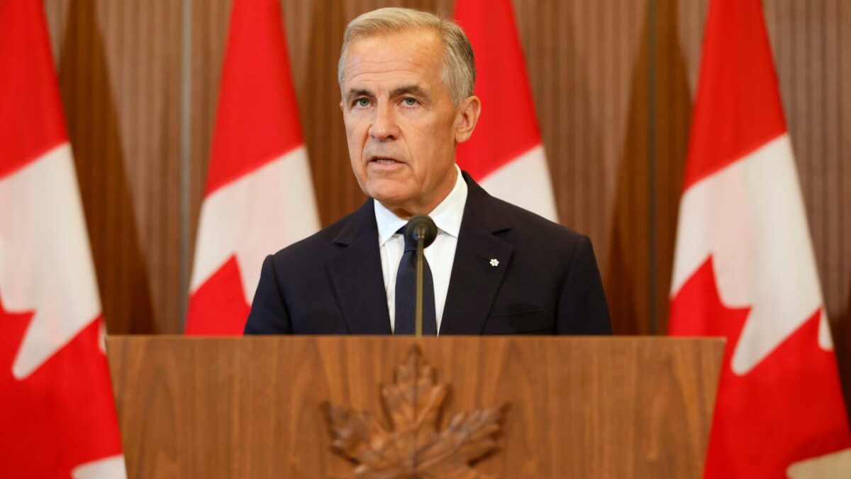 Prime Minister Mark Carney speaks about Canada's response to new U.S. tariffs during a news conference on Parliament Hill in Ottawa on Saturday, Aug. 22, 2026.