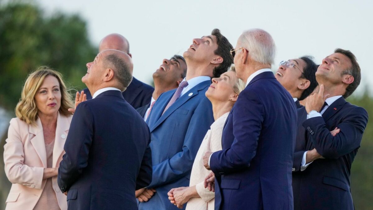 From right, French President Emmanuel Macron, Japan's Prime Minister Fumio Kishida, U.S. President Joe Biden, European Commission President Ursula von der Leyen, Canada's Prime Minister Justin Trudeau, Britain's Prime Minister Rishi Sunak, European Council President Charles Michel, German Chancellor Olaf Scholz and Italian Prime Minister Giorgia Meloni watch a skydiving demo during the G7 world leaders summit at Borgo Egnazia, Italy.
