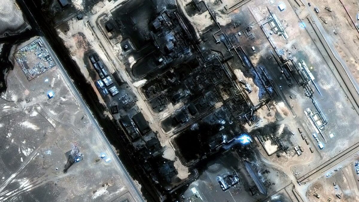 This satellite image provided by Vantor on Sunday, Sept. 13, 2026 shows the aftermath of the recent drone attack on the East-West pipeline in Saudi Arabia.