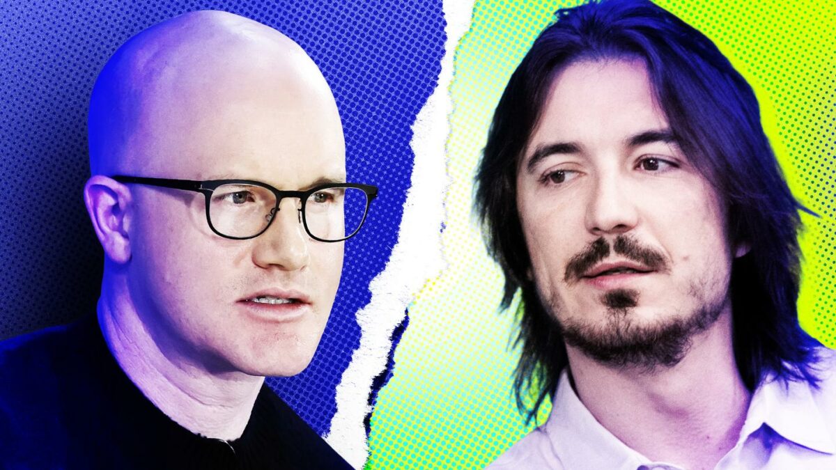 From left: Coinbase CEO Brian Armstrong; Robinhood CEO Vlad Tenev