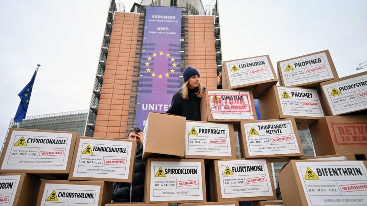 Activists from the Europe Coalition "End Toxic Pesticide Trade" stage a demonstration outside the European Commission headquarters.