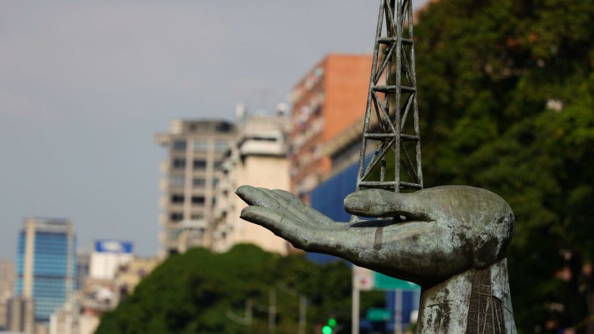 A sculpture depicts Venezuelan oil in Caracas, Venezuela, on January 7, 2026.