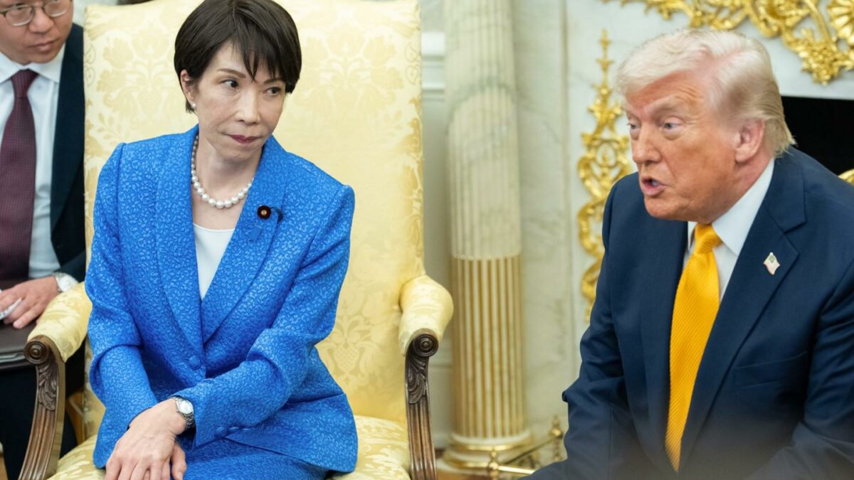 Japanese Prime Minister Sanae Takaichi and U.S. President Donald Trump sit in the Oval Office.