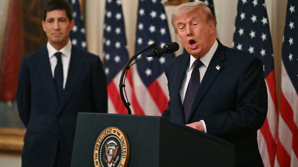 President Donald Trump speaks during the swearing-in ceremony for the new Chairman of the Federal Reserve, Kevin Warsh (L) in the East Room of the White House on May 22, 2026 in Washington, DC.