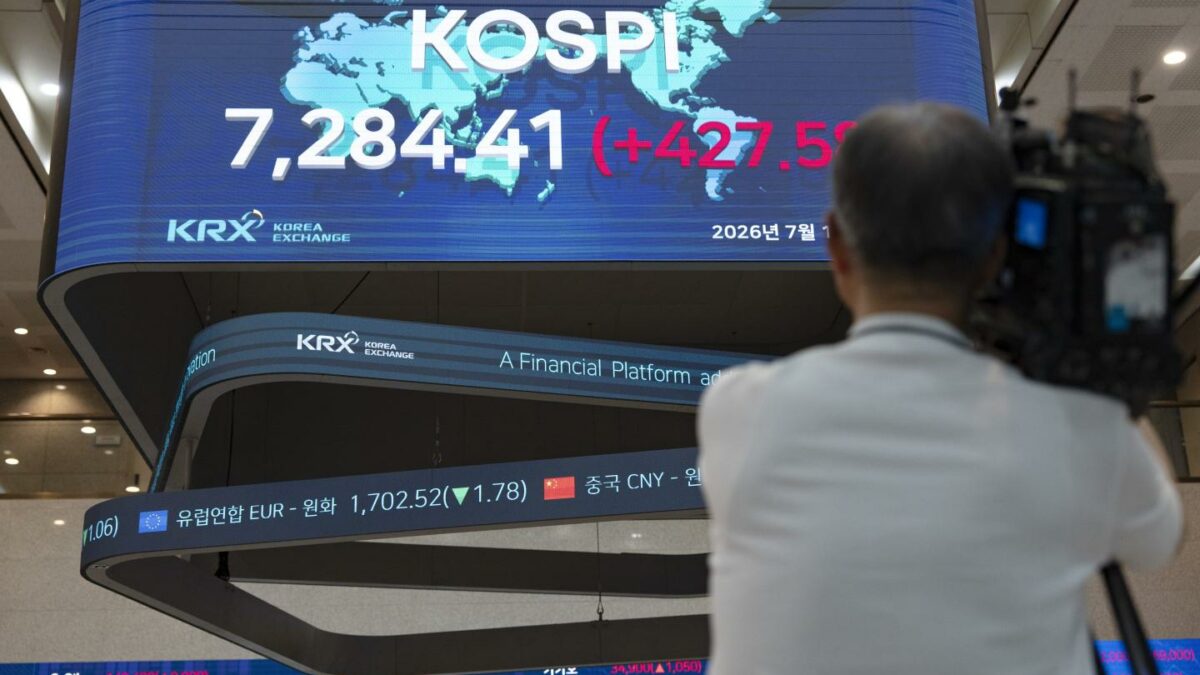 An electronic market board displaying the closing KOSPI index at the Korea Exchange (KRX) in Yeouido, Seoul, South Korea, on July 15, 2026.