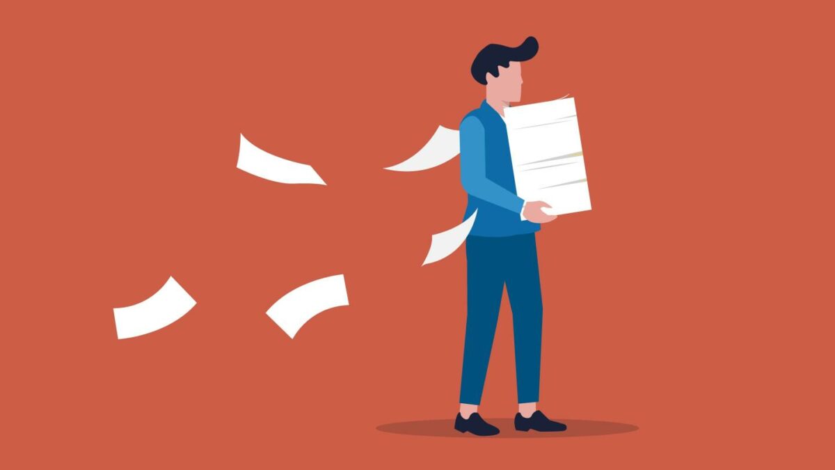 An illustration of a person holding a stack of papers.