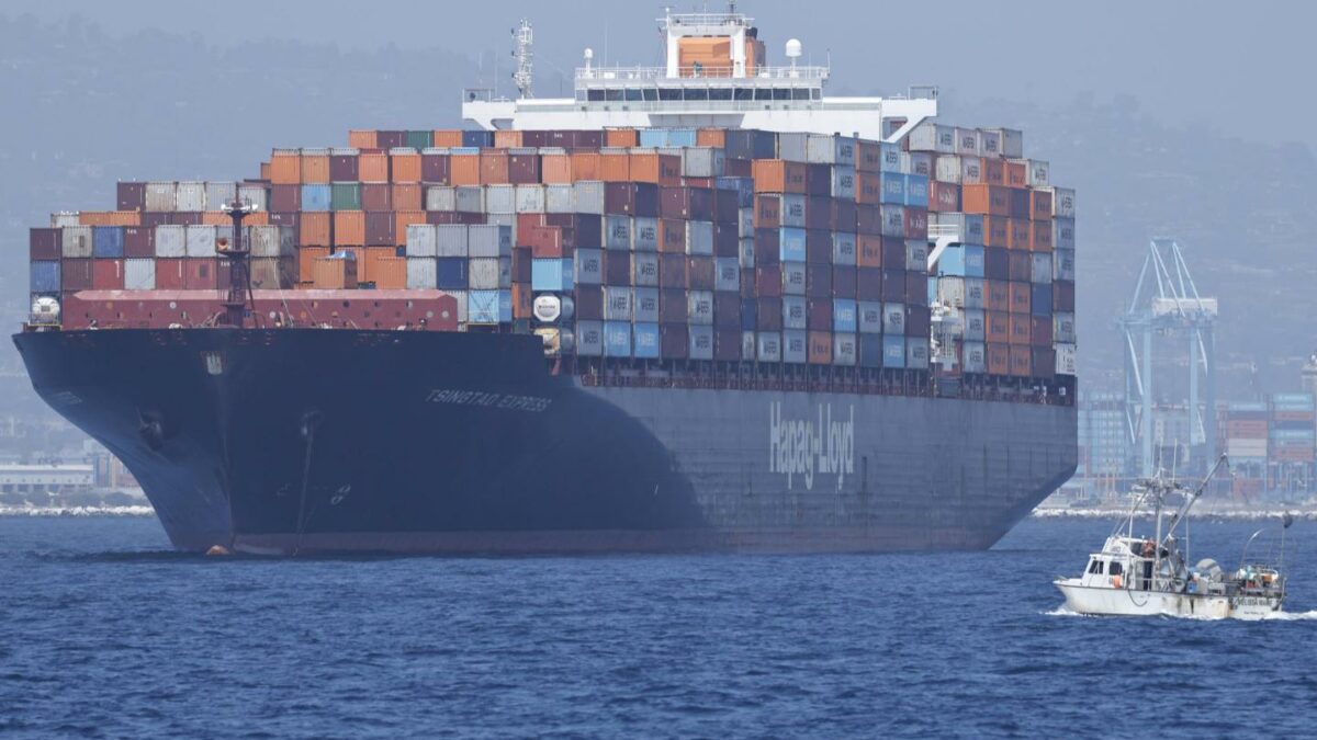 A container ship floating off the Port of Los Angeles on July 17, 2026.