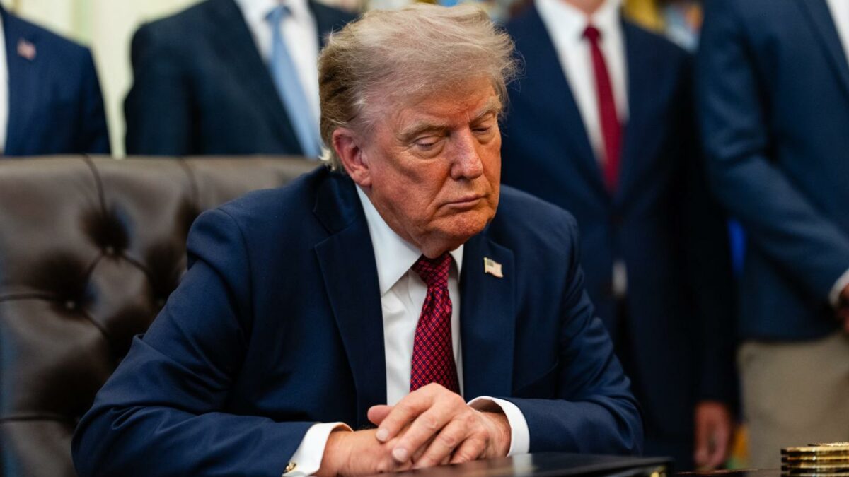 President Donald Trump listens during an announcement on American nuclear innovation in the Oval Office at the White House on July 24, 2026.