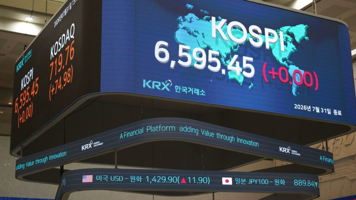 An electronic display shows the KOSPI closing at 6,595.45 at the Korea Exchange (KRX) in Seoul, South Korea, on July 31, 2026.