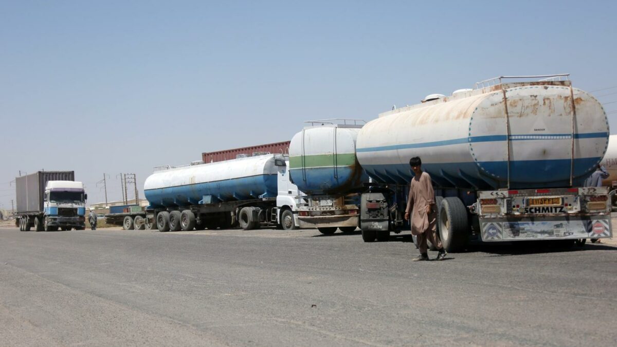 Commercial tanker trucks along the Iran-Afghanistan border at Herat's Islam Qala crossing on Aug. 10, 2026.