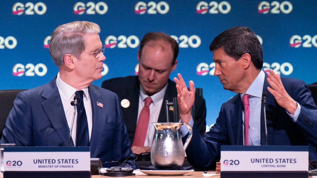 US Secretary of Treasury Scott Bessent speaks with US Federal Reserve Chair Kevin Warsh during the G20 Finance Ministers and Central Bank Governors' meeting in Asheville, North Carolina, on September 1, 2026.