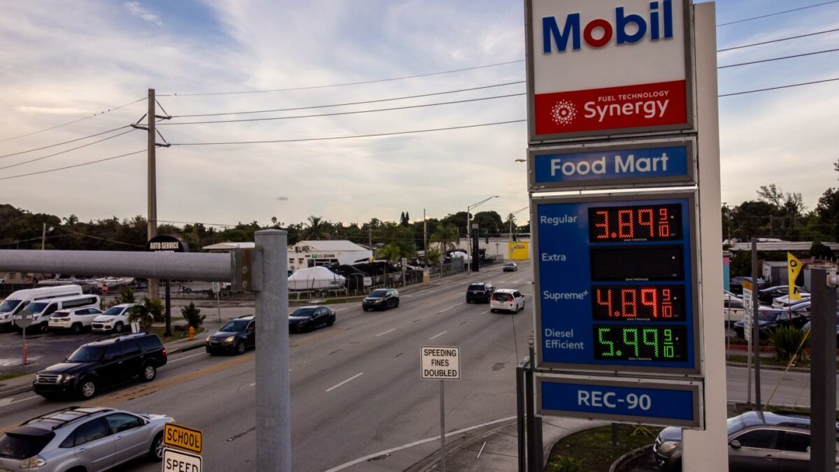 A sign displays the prices of unleaded gasoline and diesel fuel at a Mobil gas station in Miami, Florida, on Thursday, Sept. 3. Gasoline prices were at an average of $4.14 per gallon as of Wednesday, already the highest price ever for September, and well above the $3.80 per gallon drivers paid on July 4, the peak of the summer driving season.