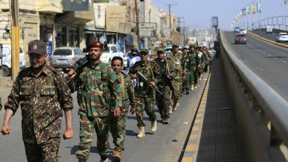 Fighters loyal to the Houthi authorities, march during a rally to recruit more fighters, in Sanaa on September 10, 2026.
