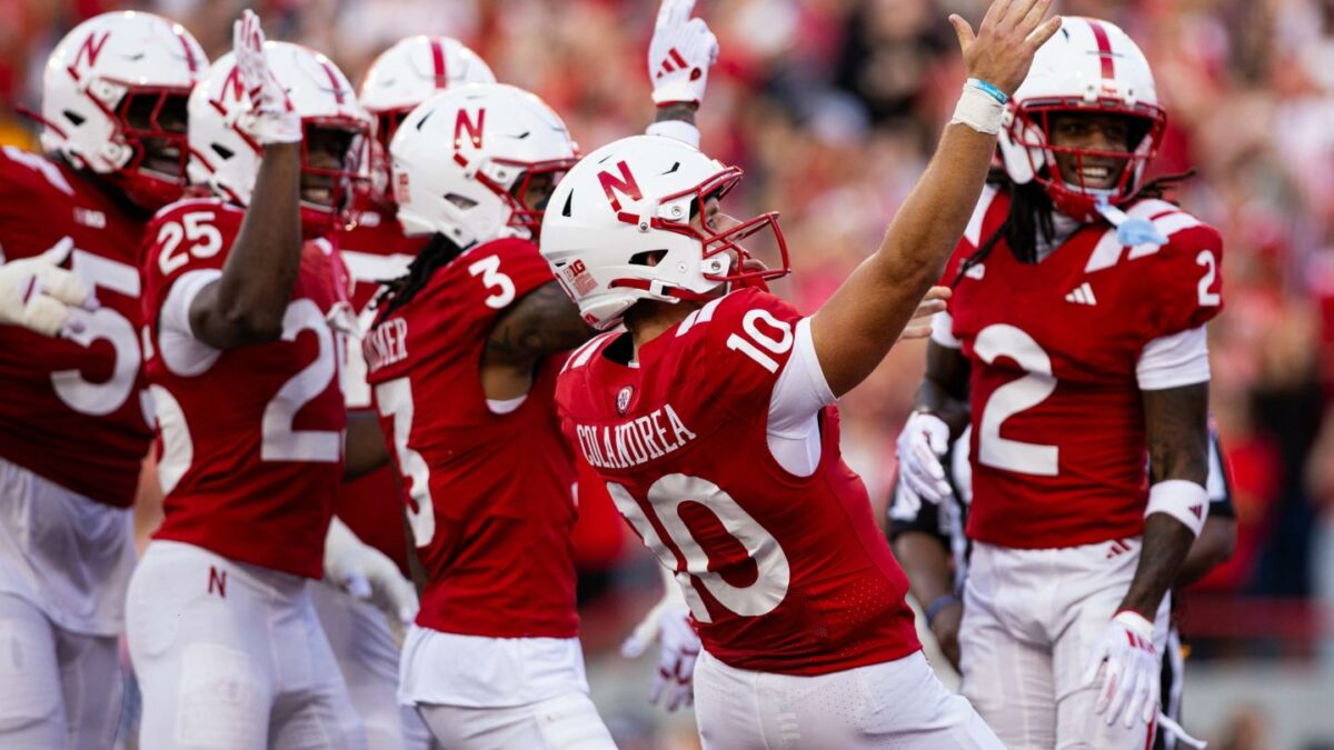 Nebraska Cornhuskers quarterback Anthony Colandrea (10) celebrates after throwing a touchdown pass during the first quarter of the game between Bowling Green and Nebraska.