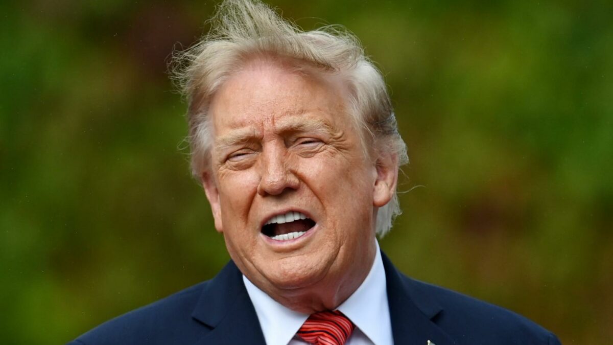 President Donald Trump reacts towards members of the media after a courtesy call with Irish President Catherine Connolly at Áras an Uachtaráin on September 12, 2026 in Dublin, Ireland.