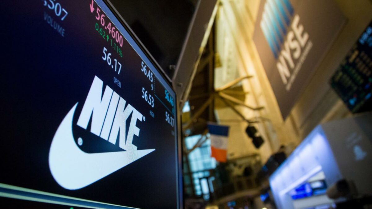 Nike Inc. signage is displayed on a monitor on the floor of the New York Stock Exchange (NYSE) in New York.