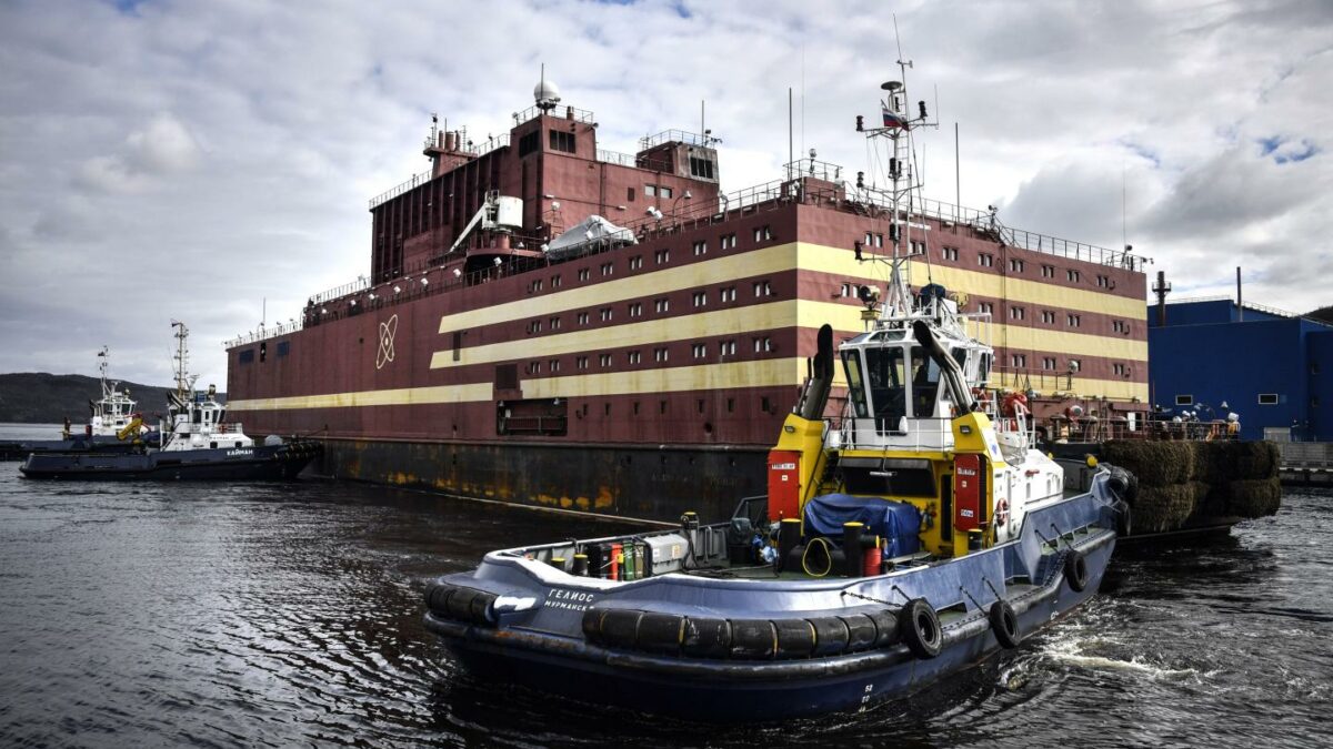 The floating nuclear power plant Akademik Lomonosov is towed to Atomflot moorage of the Russian northern port city of Murmansk on May 19, 2018. The barge is the world’s only nuclear floating power unit.
