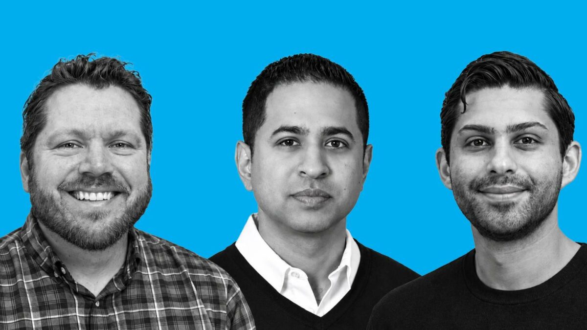 Headshots of Brian Wrightson (left), Cyril Mathew (middle), and Vivek Morzaria (right) against a light blue background.